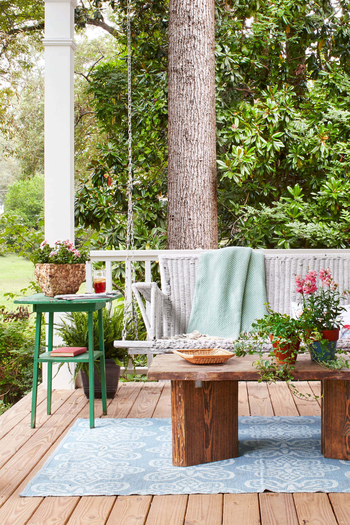 wooden porch, white wicker swing, mint green, HD Phone Wallpaper
