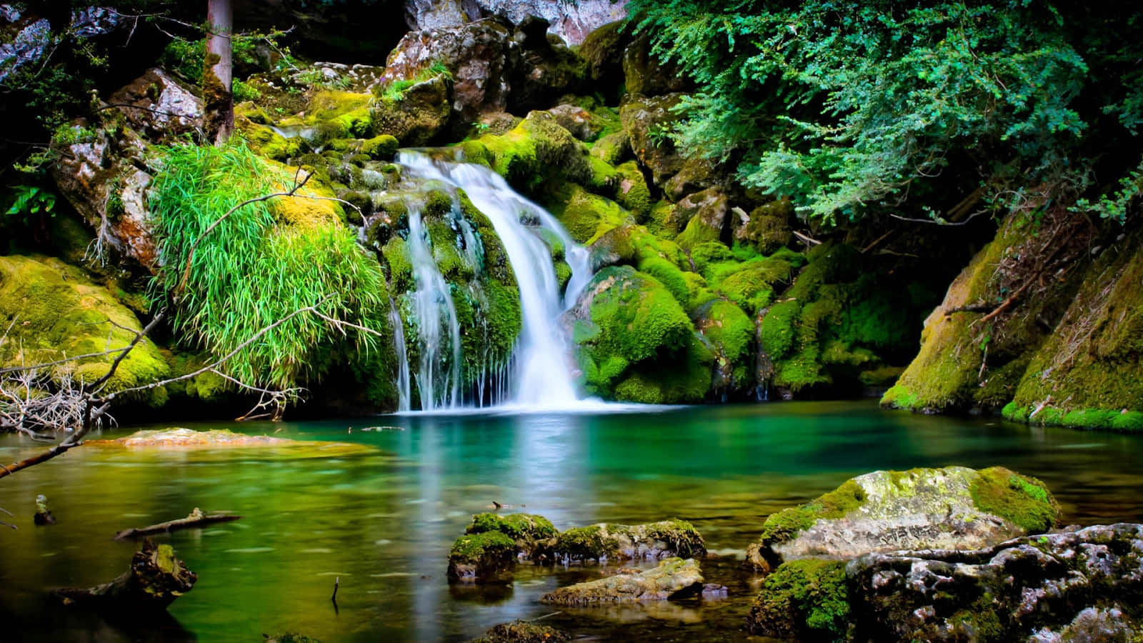 Spring Landscape, waterfall, mossy rocks, HD Desktop Wallpaper