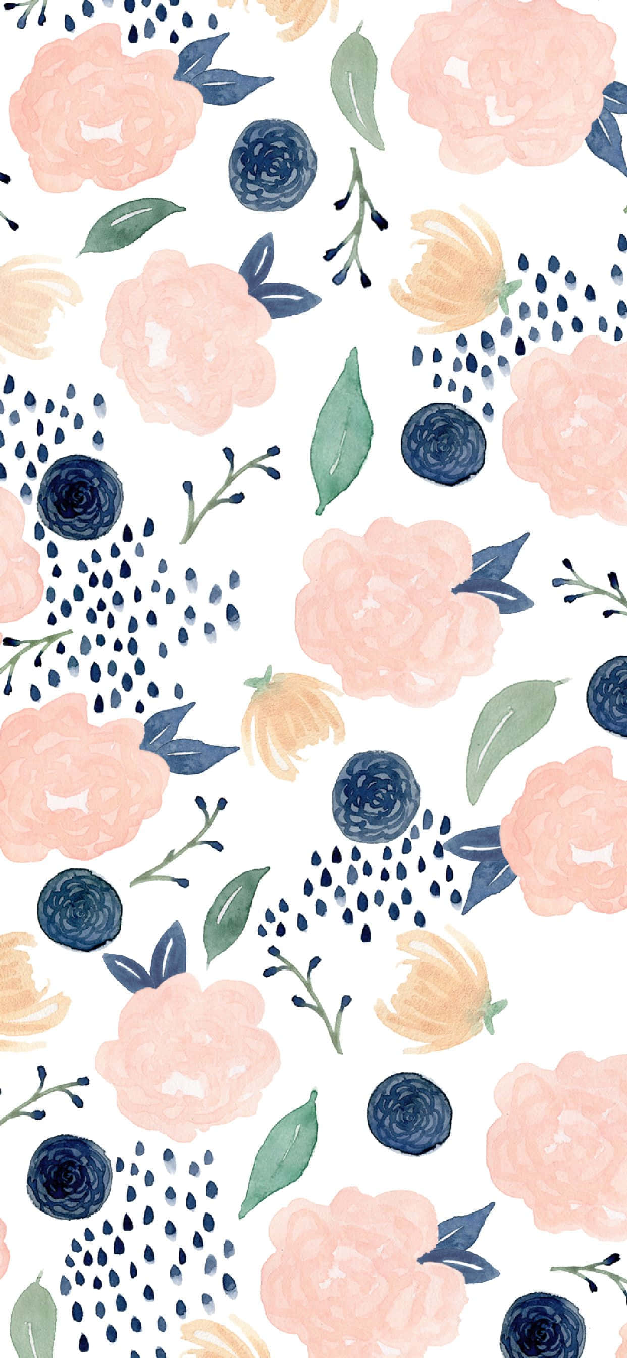 watercolor floral pattern, soft pink peach blossoms, navy blue flowers, 2K Phone Wallpaper