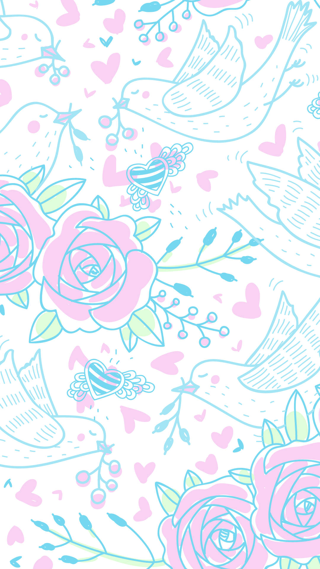 Pastel pink roses, Blue birds, Hearts, Full HD Phone Wallpaper