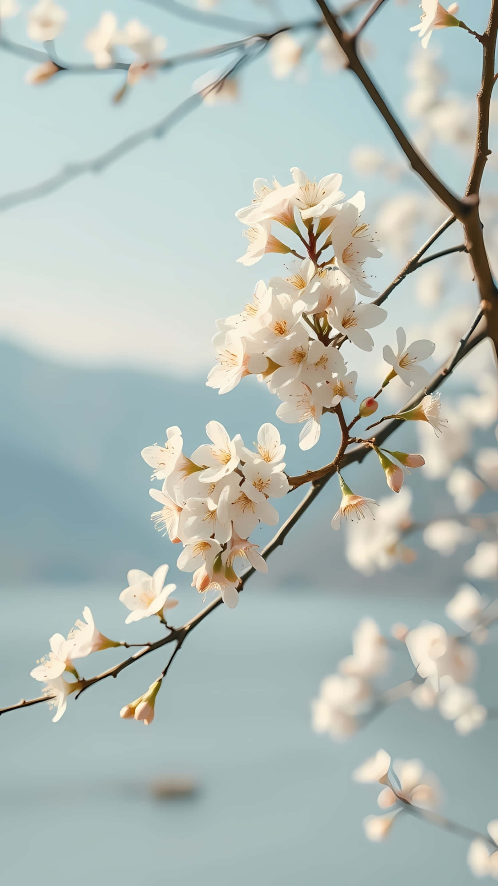 white cherry blossom branch, blue sky, distant hazy mountains, 2K Phone Wallpaper