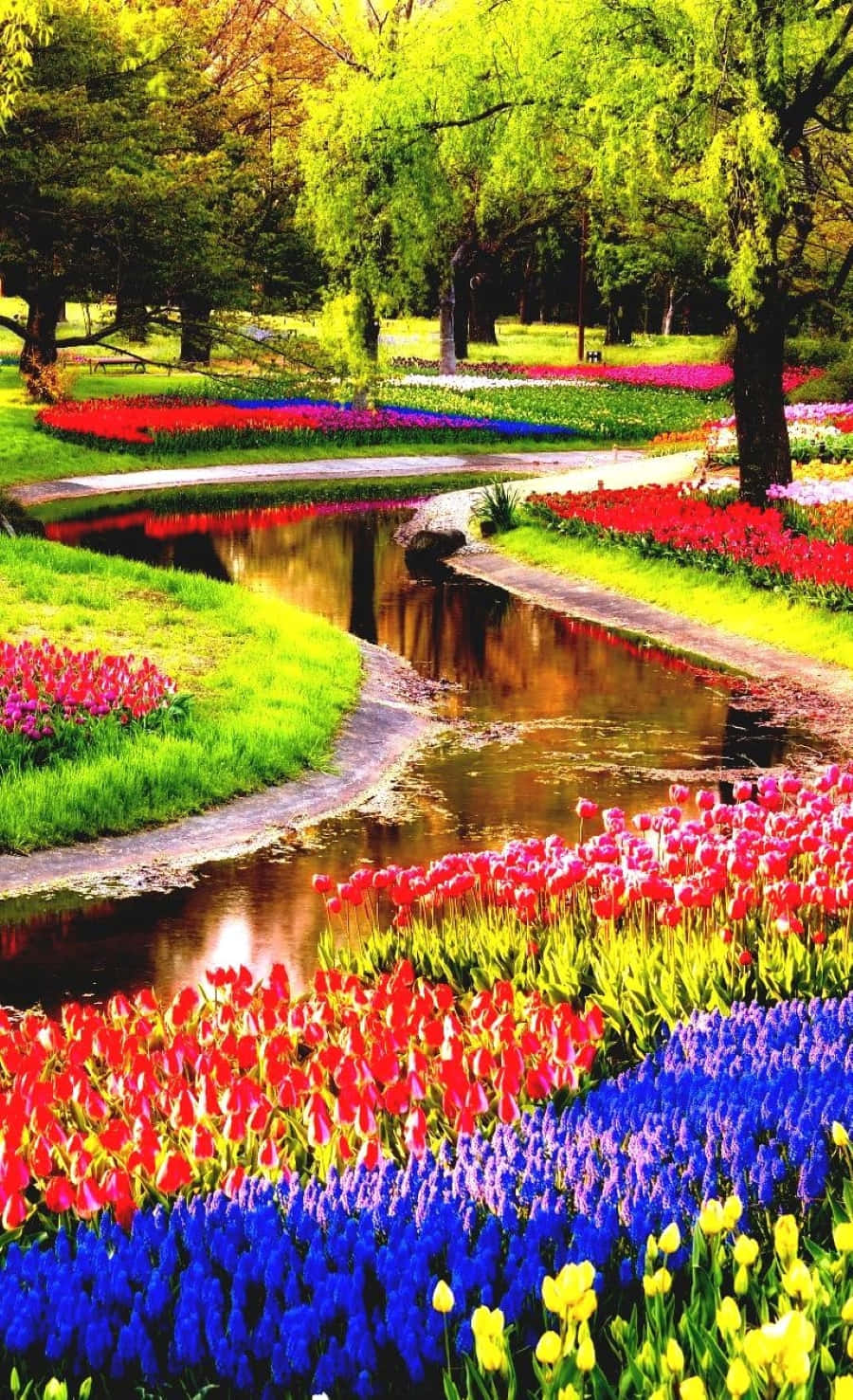 spring garden, winding stream, vibrant garden, HD Phone Wallpaper