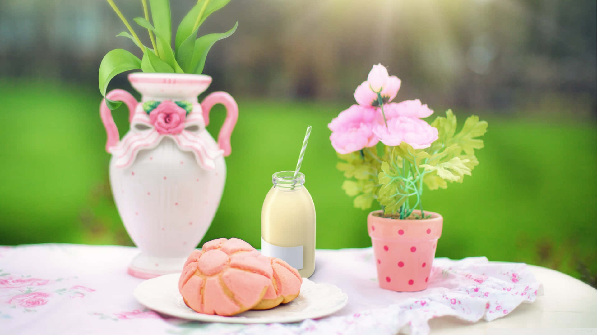 pastel pink croissant, milk bottle, floral vases, Full HD Desktop Wallpaper