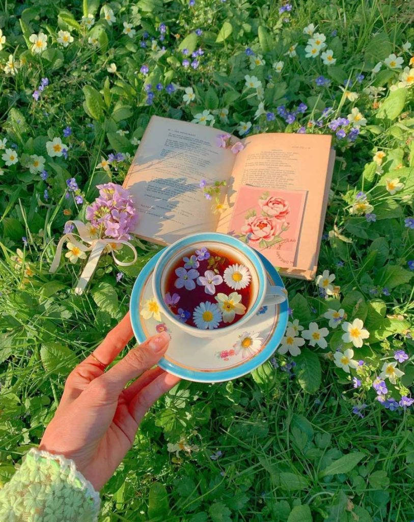Flowers In Tea Spring iPhone, floral tea cup, open book, SD Phone Wallpaper