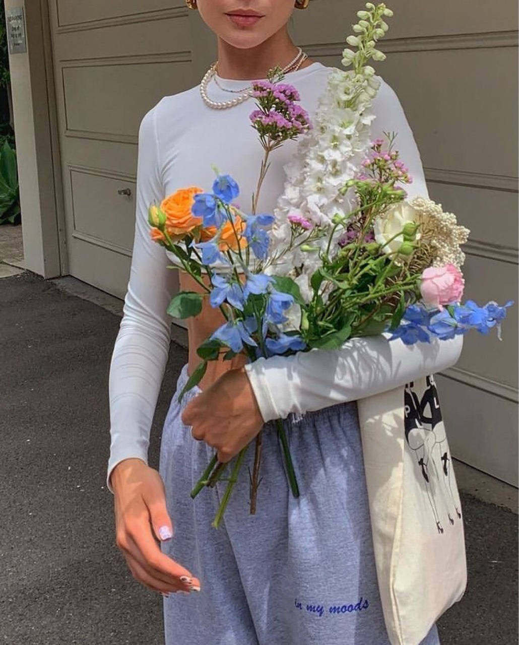 woman, flowers, blue orange and white flowers, HD Phone Wallpaper