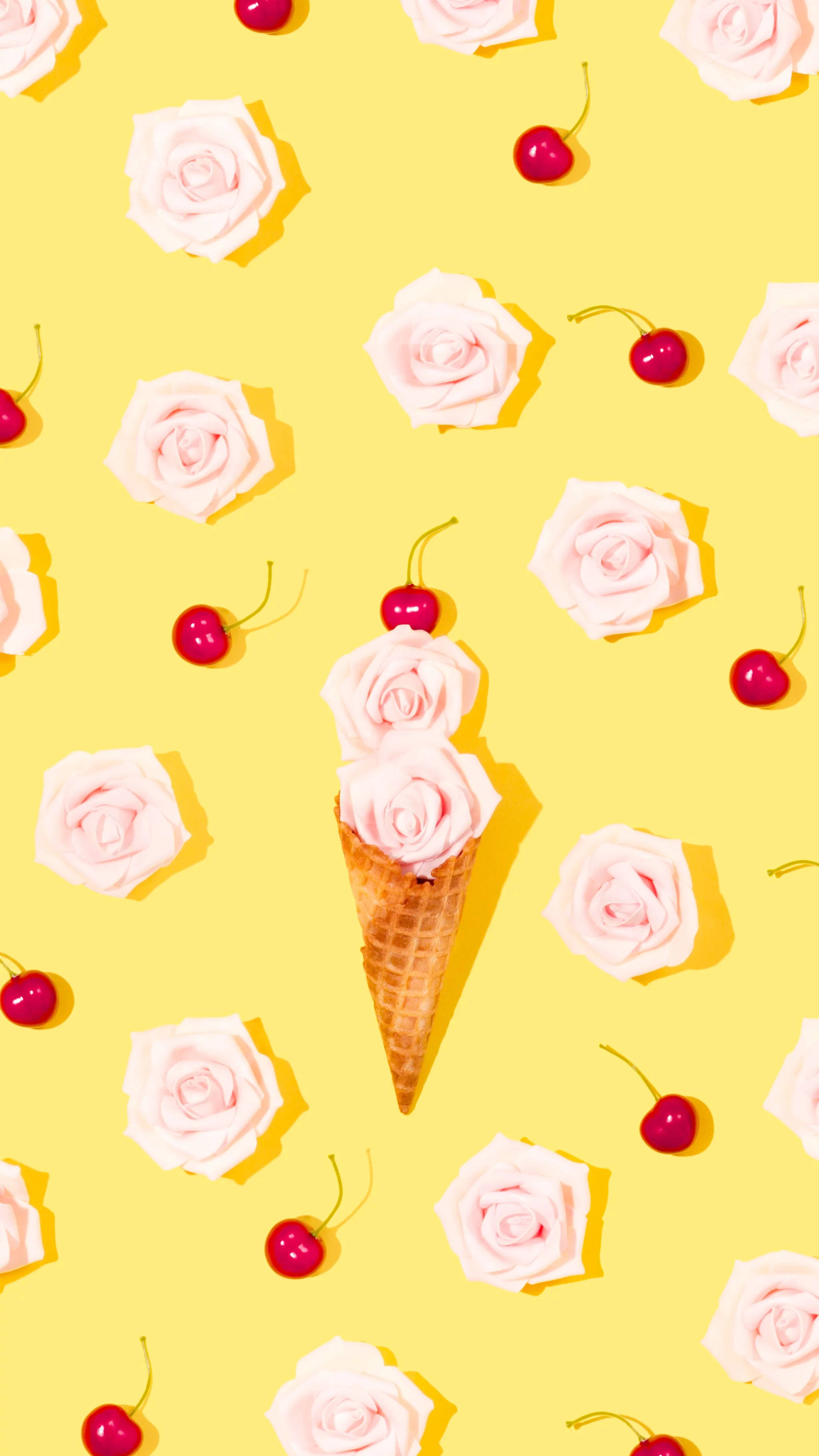 ice cream flower spring iphone, waffle cone, pink roses, 2K Phone Wallpaper