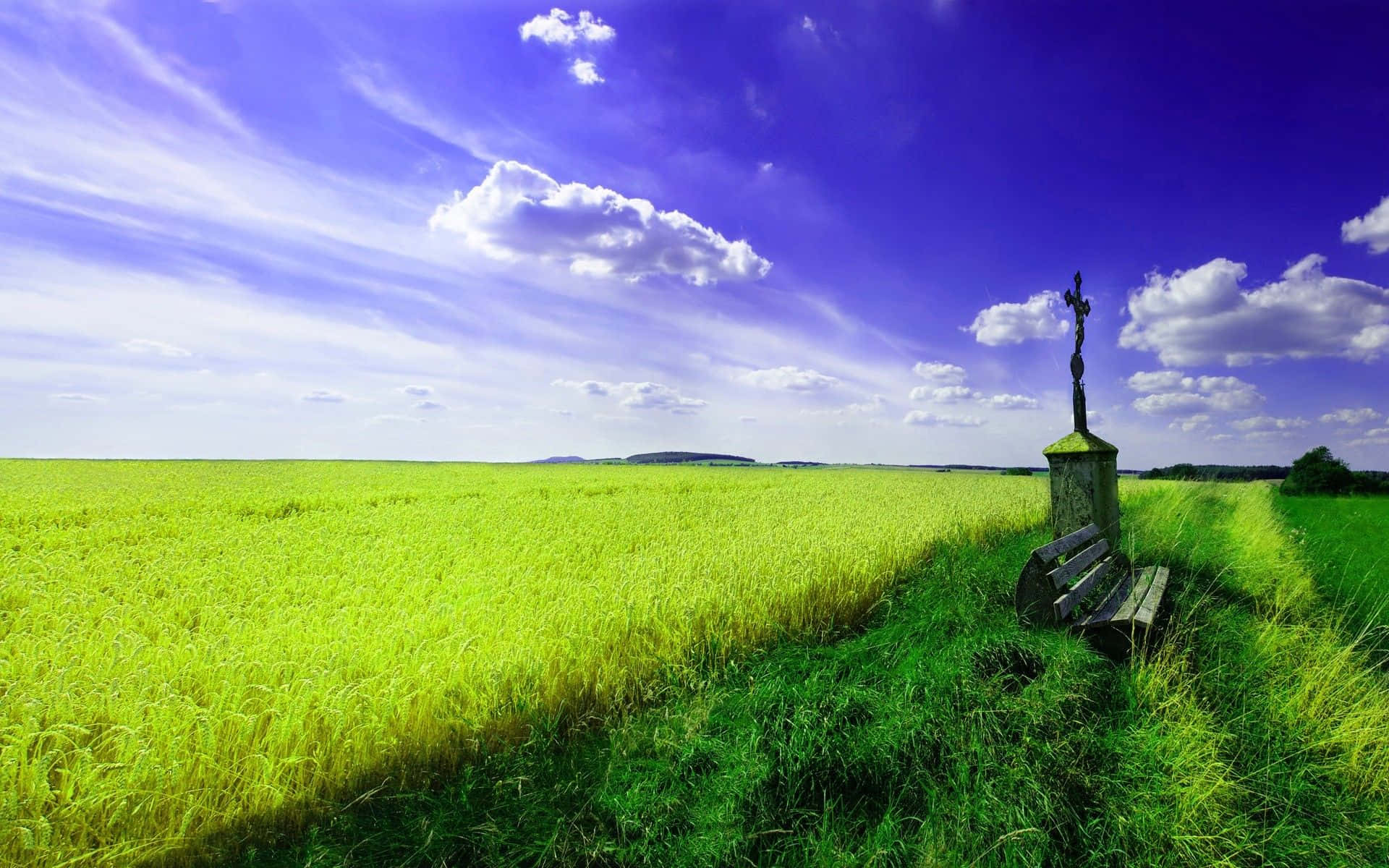 Spring Landscape, vivid purple sky, fluffy white clouds, Full HD Desktop Wallpaper