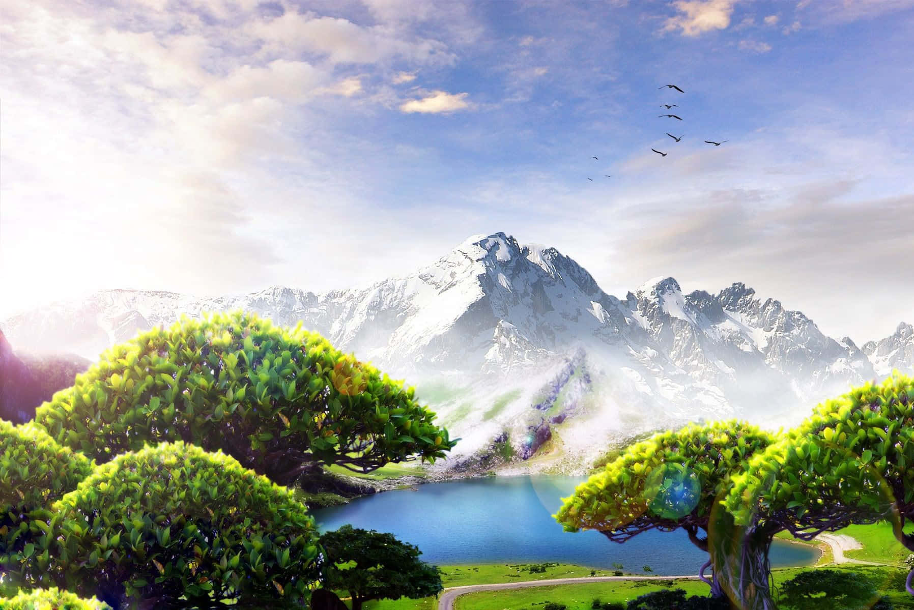 Spring Landscape, snow-capped mountains, serene blue lake, HD Desktop Wallpaper