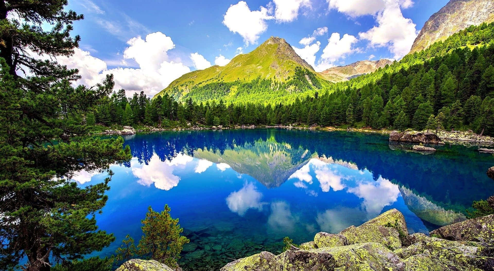 Spring Landscape, mountain lake, vibrant blue sky, HD Desktop Wallpaper