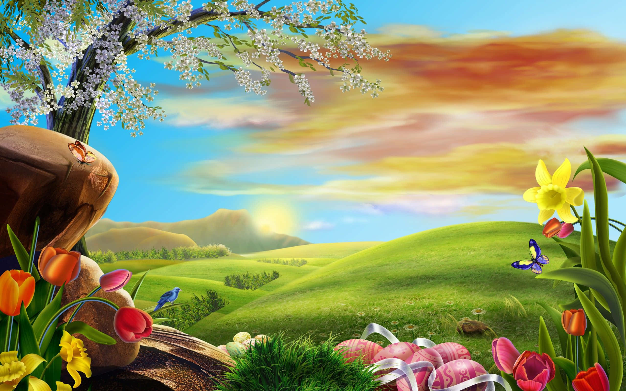 Spring Landscape, tulips, daffodils, 2K Desktop Wallpaper