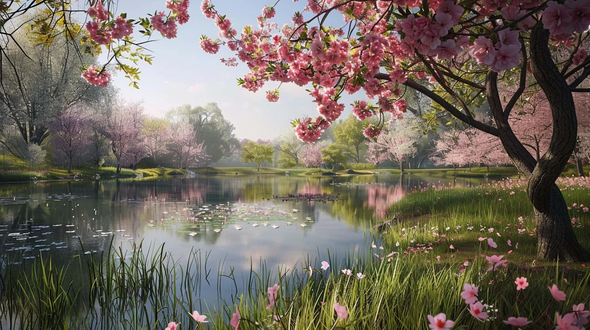 Springtime Blossom Paradise, pink cherry blossoms, tranquil pond, Full HD Desktop Wallpaper