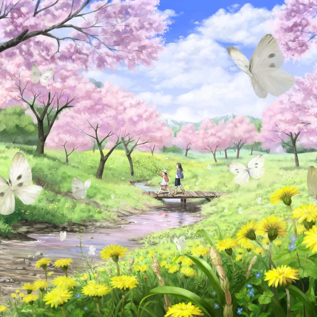Spring Artwork iPad, wooden bridge, blooming pink cherry trees, SD Desktop Wallpaper