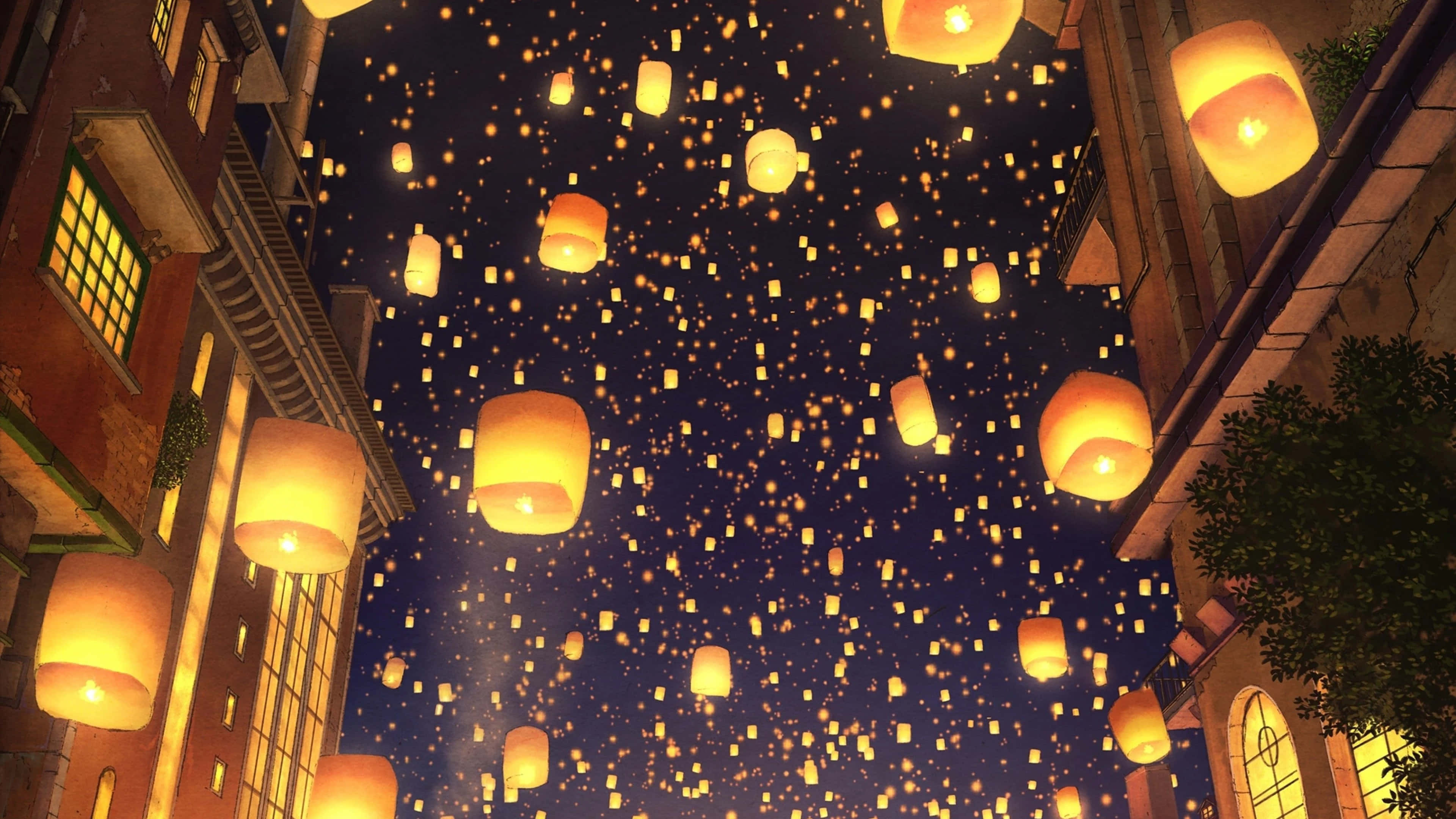 Spring Lights, dusk, glowing lanterns, 4K Desktop Wallpaper