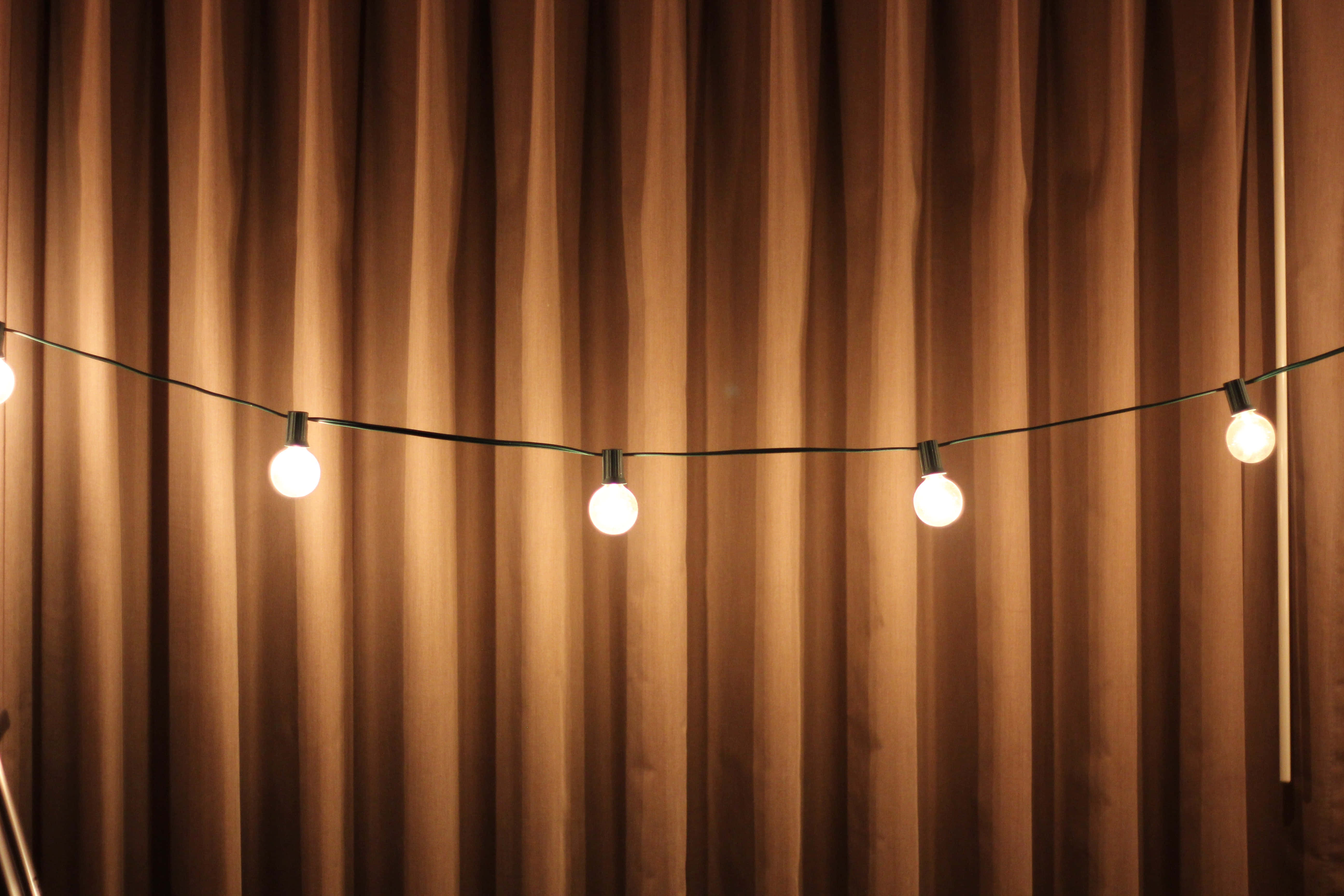 Spring Lights, string lights, brown draped curtains, 5K Desktop Wallpaper