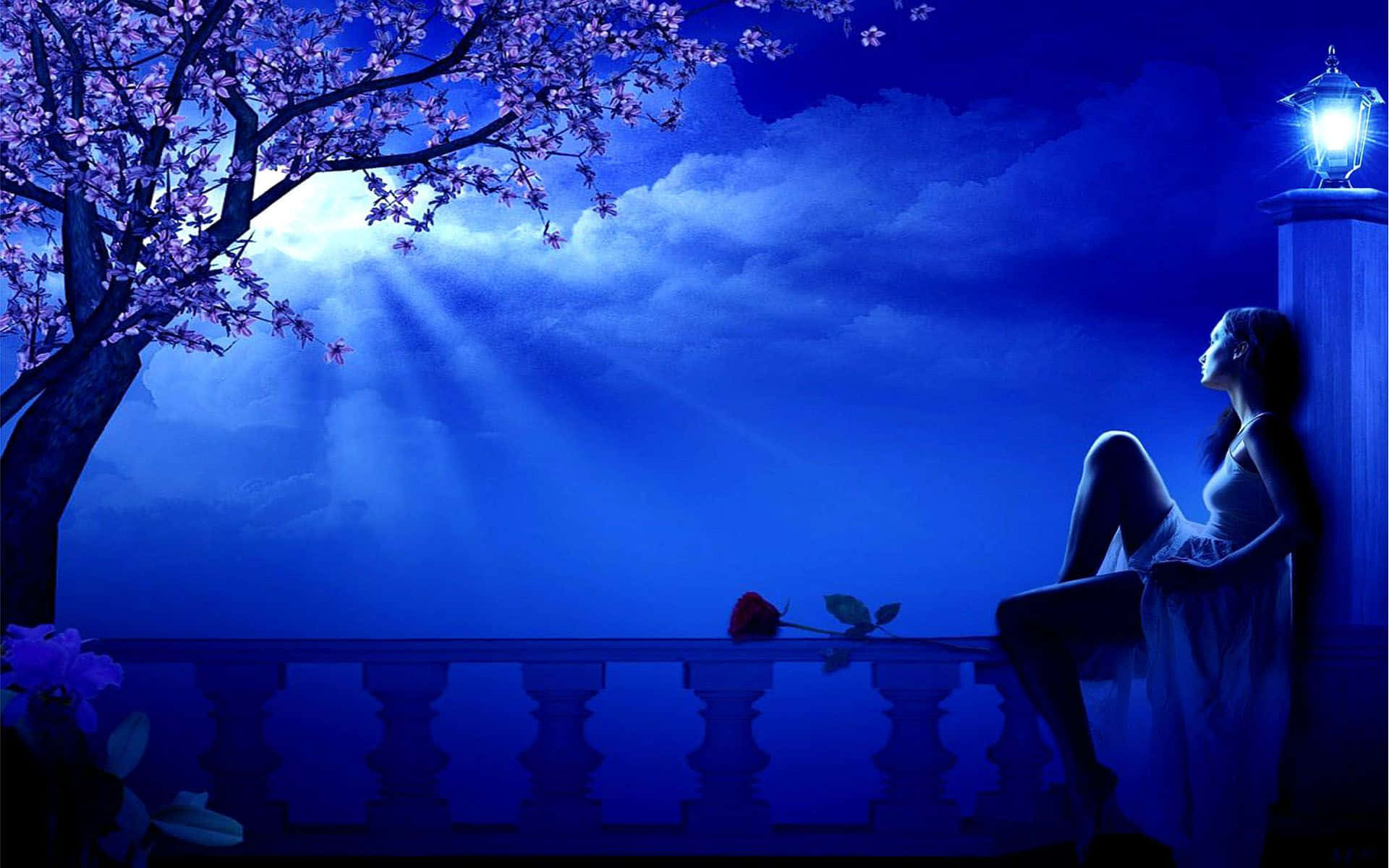 Spring Lights, cherry blossoms, moonlit sky, Full HD Desktop Wallpaper