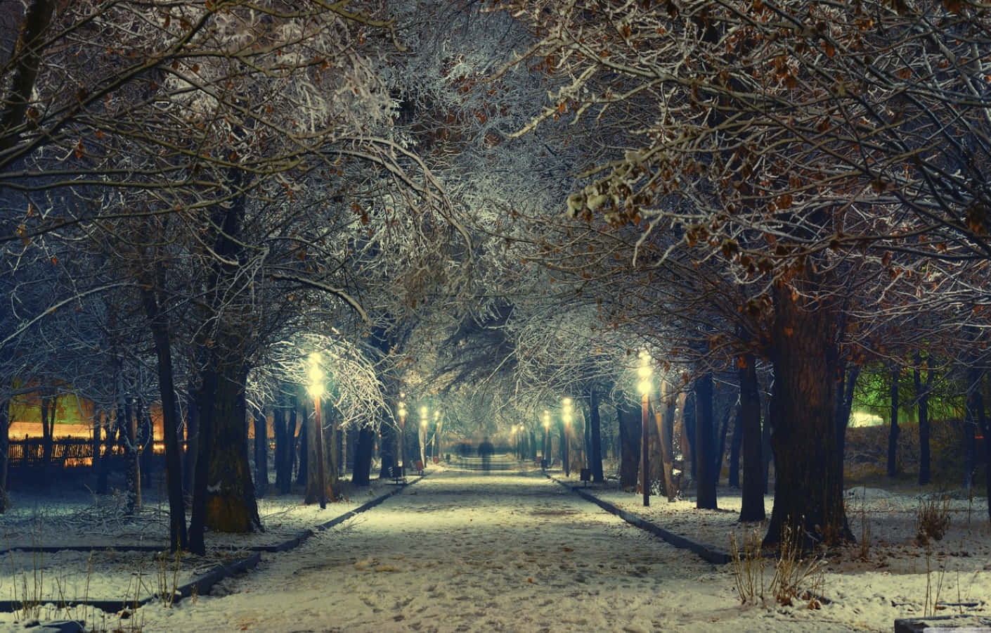 Spring Lights, Dusk, snow-covered park pathway, HD Desktop Wallpaper