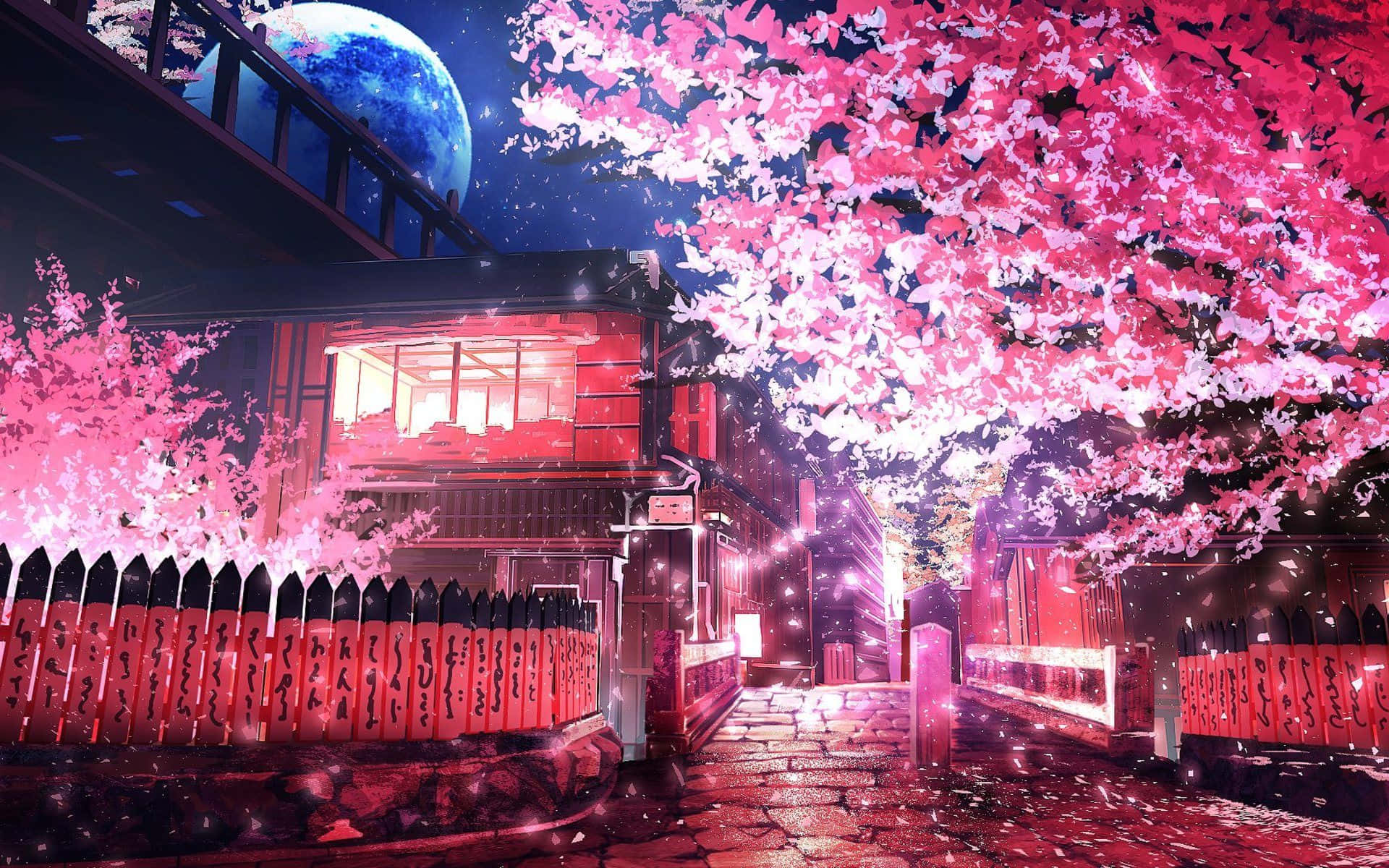 Spring Lights, Japanese shrine alleyway, glowing red lanterns, Full HD Desktop Wallpaper