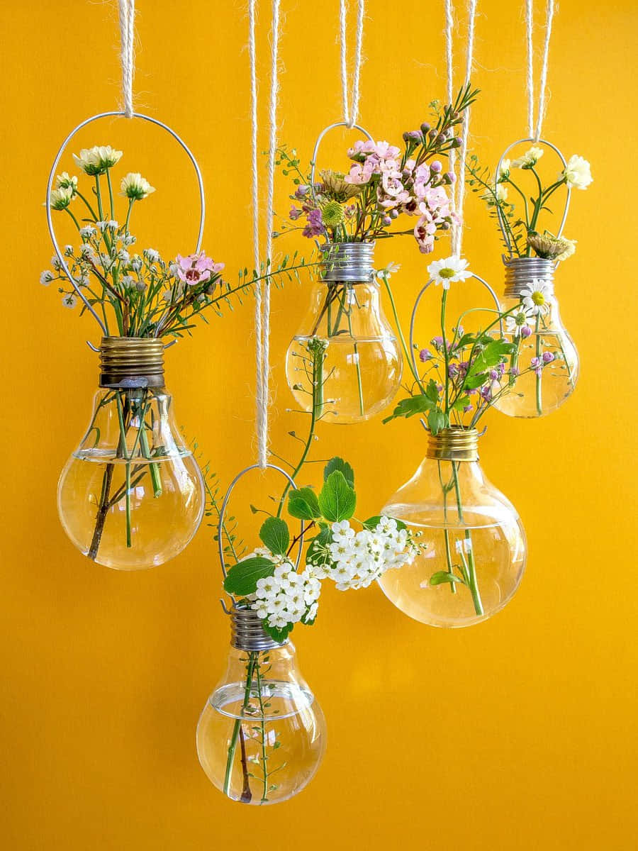 Spring Lights, vibrant yellow wall, hanging lightbulbs, SD Phone Wallpaper