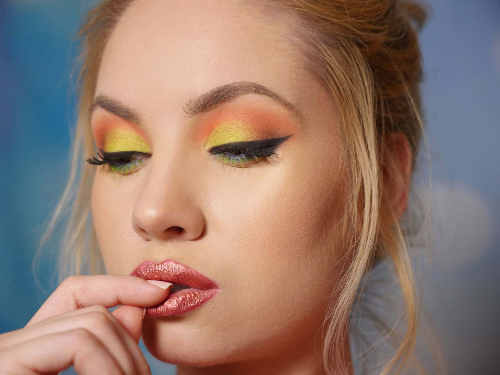 Spring Makeup, yellow and orange eyeshadow, metallic pink lips, HD Desktop Wallpaper