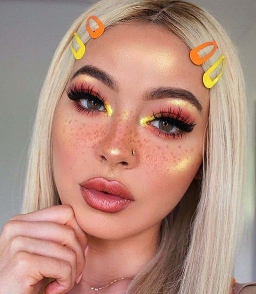 blonde woman, freckles, bold red and gold eyeshadow, SD Phone Wallpaper