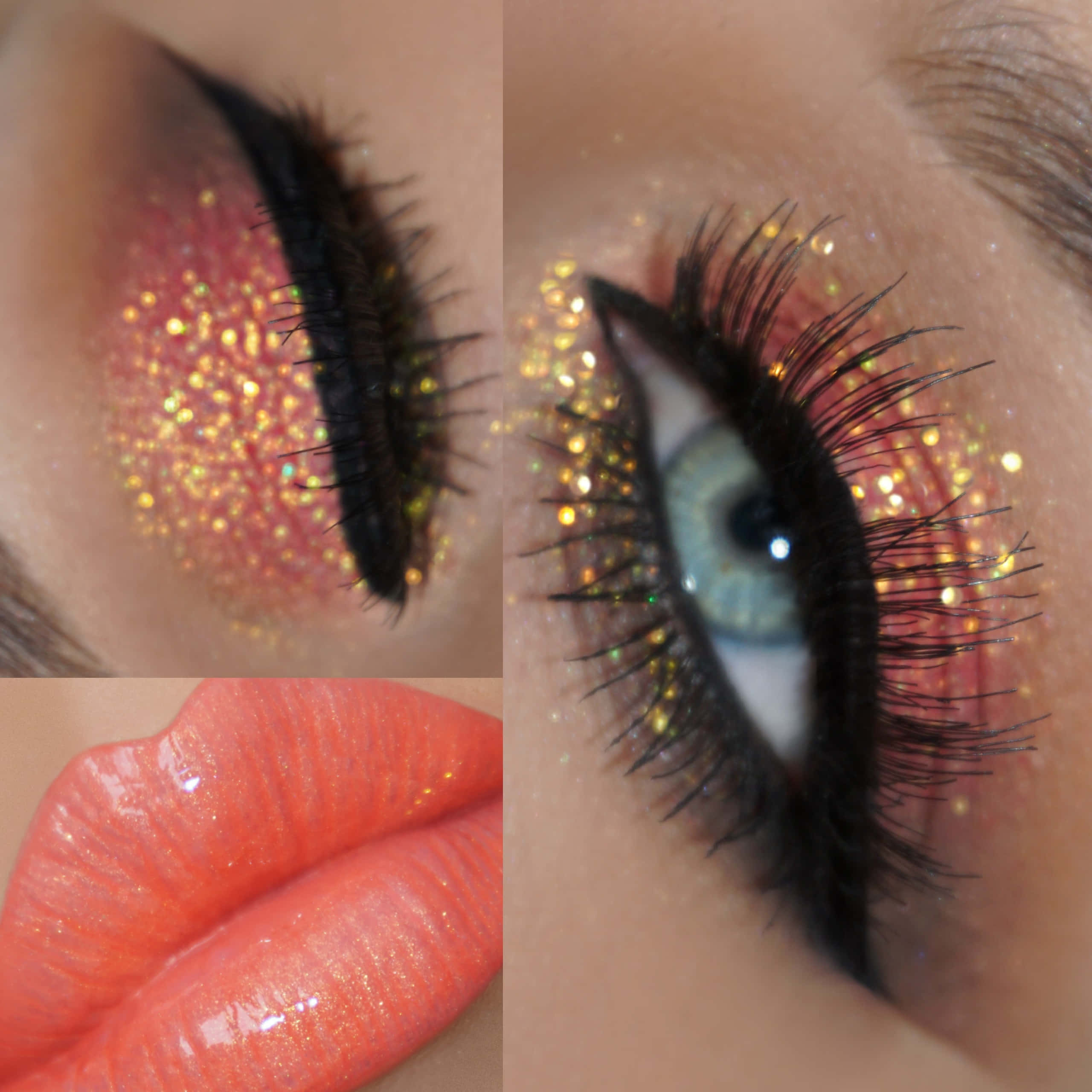 glittery pink and gold eyeshadow, black lashes, coral lips, 2K Desktop Wallpaper
