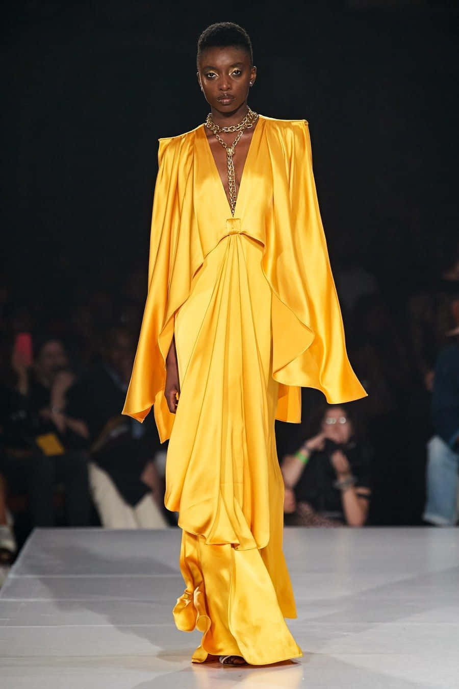 golden-yellow satin gown, dramatic draped sleeves, plunging neckline, HD Phone Wallpaper