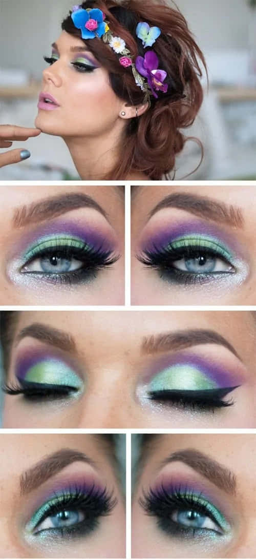 Spring Makeup, vibrant purple and teal eyeshadow, floral headpiece, SD Phone Wallpaper