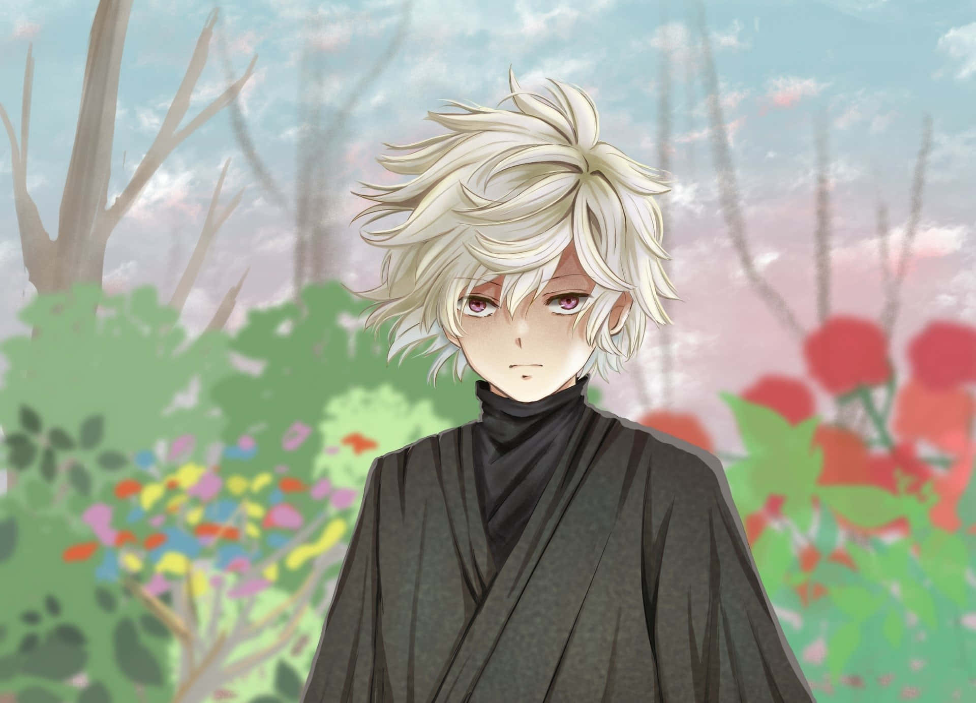 anime character, springtime gaze, messy white hair, Full HD Desktop Wallpaper