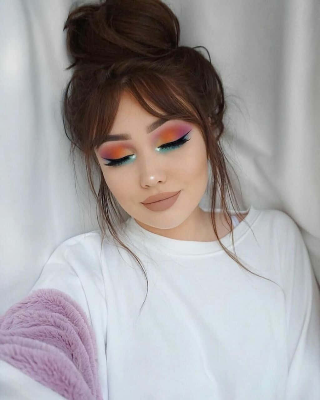 Radiant Spring Makeup Look, vibrant rainbow eyeshadow, messy bun, HD Phone Wallpaper