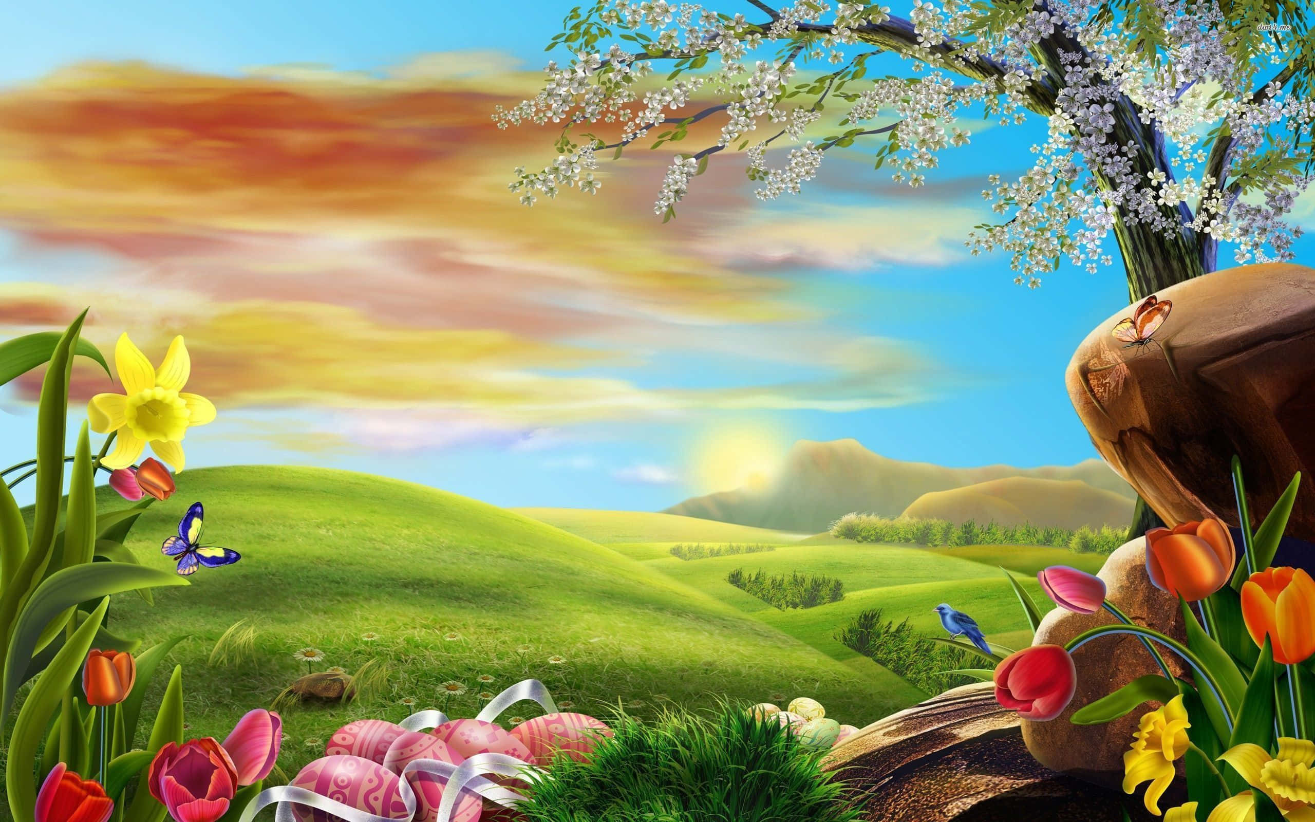 Spring Meadow, tulips, daffodils, 2K Desktop Wallpaper