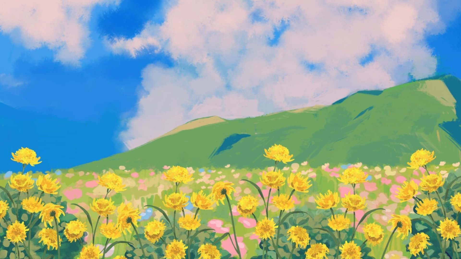 pastel spring landscape, vibrant yellow flowers, sunlit meadow, Full HD Desktop Wallpaper