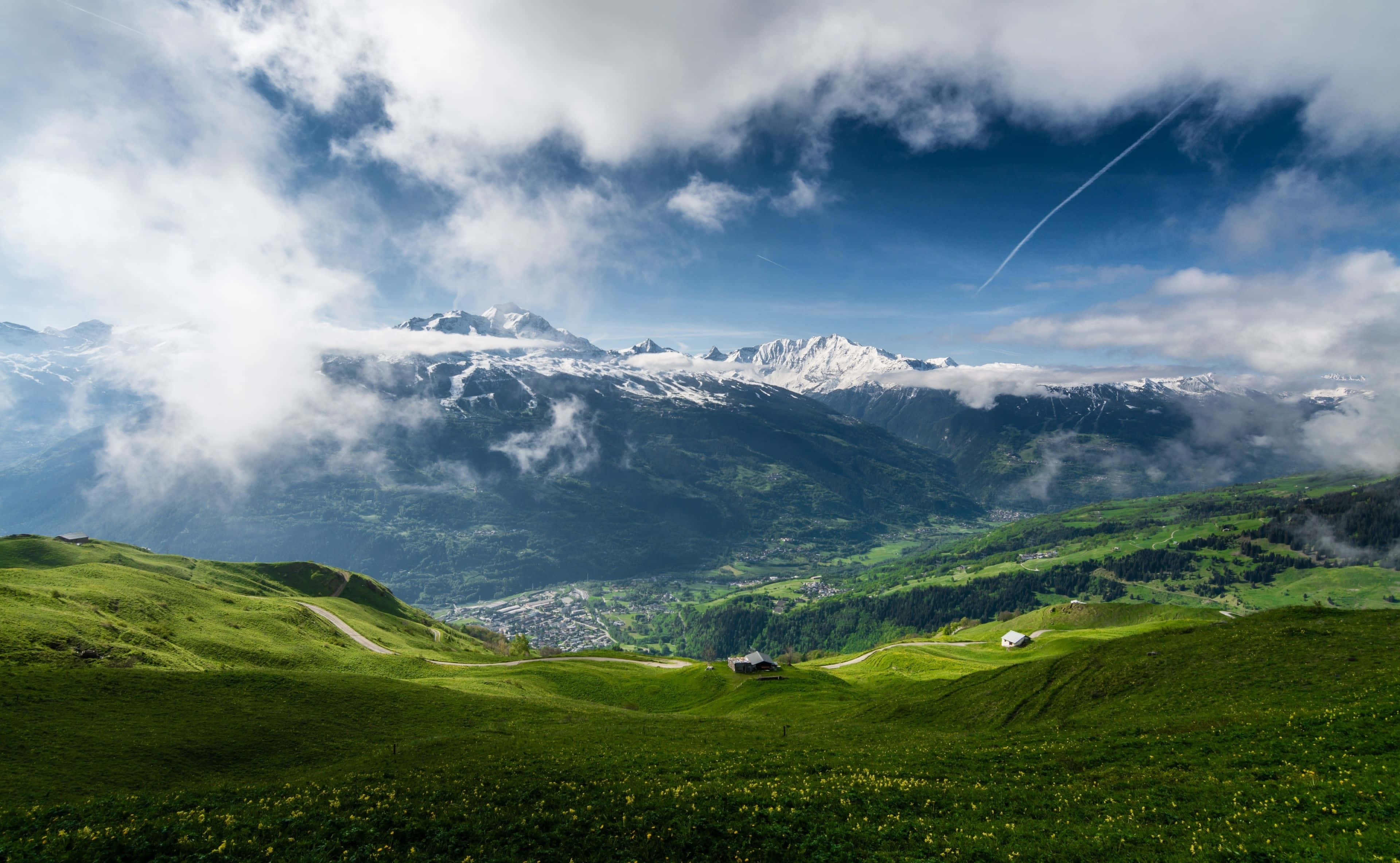 Spring Mountain, alpine meadows, snow-capped peaks, 4K Desktop Wallpaper