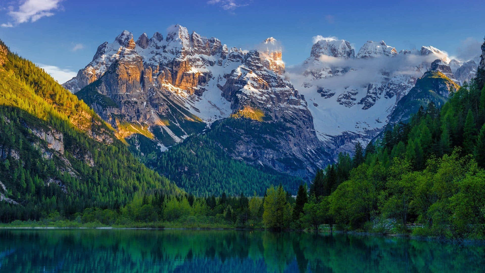 Spring Mountain, turquoise lake, snowcapped mountains, Full HD Desktop Wallpaper