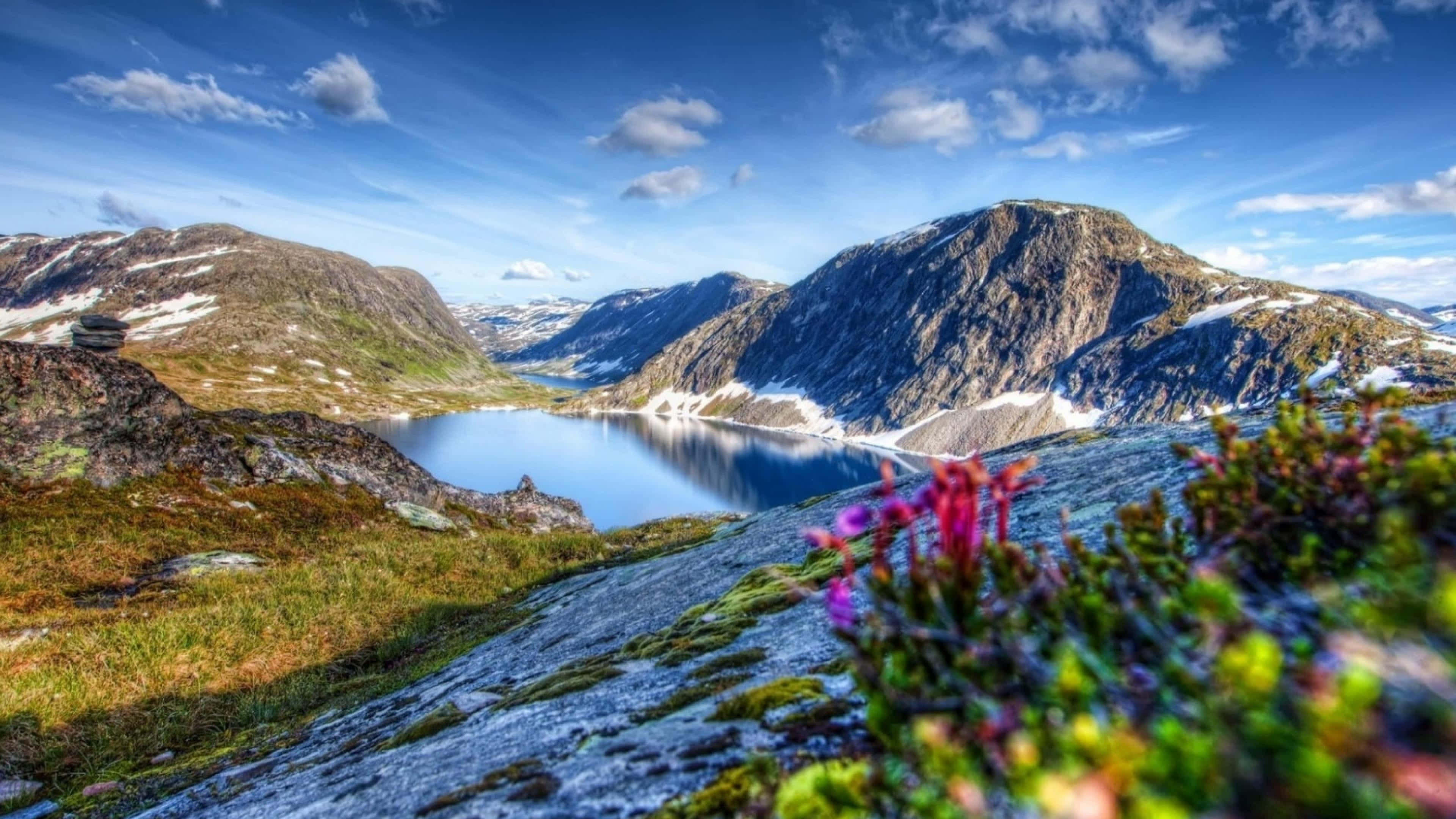 Spring Mountain, alpine lake, snow-dusted mountains, 4K Desktop Wallpaper