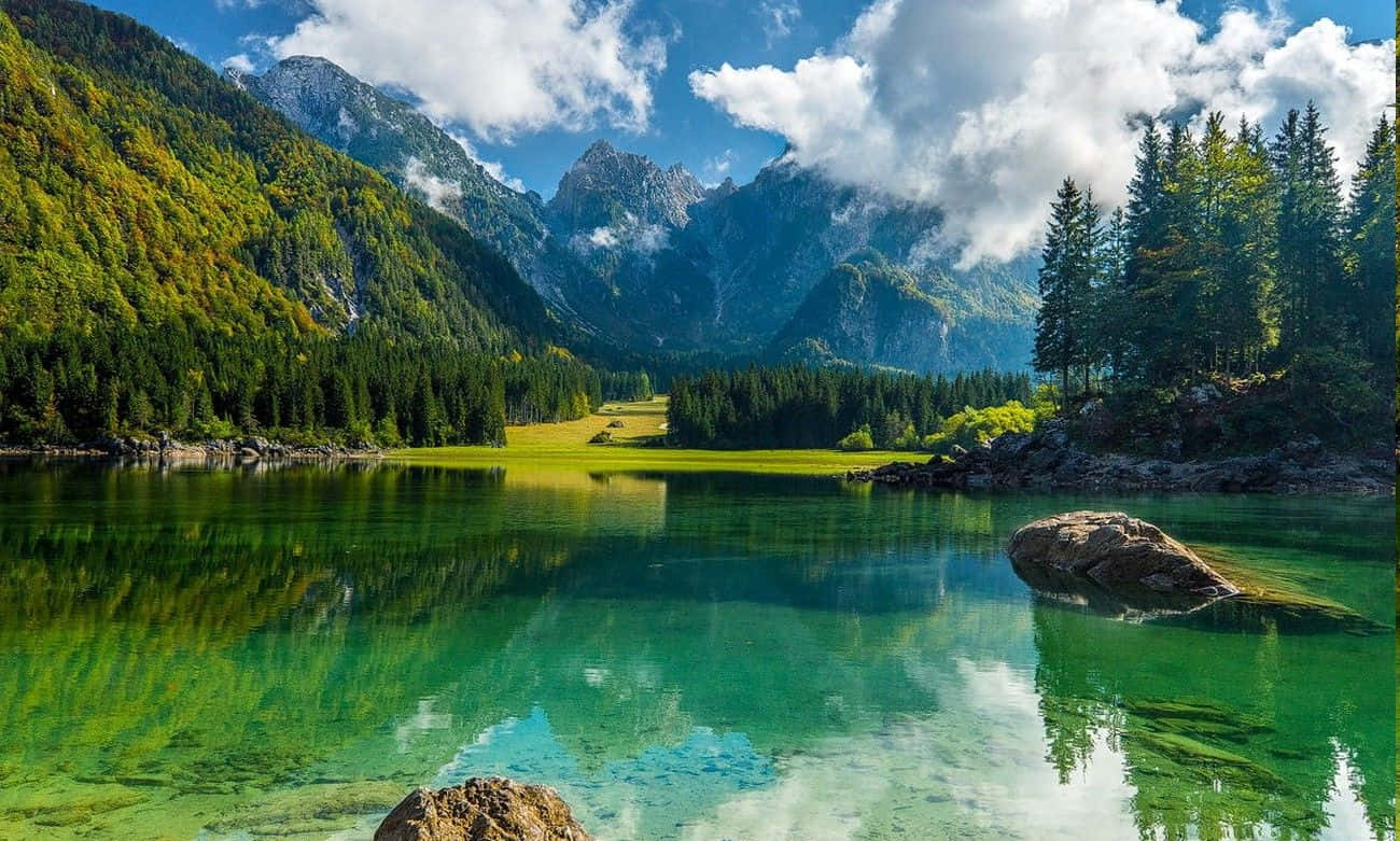 Spring Mountain, alpine lake, green mountains, HD Desktop Wallpaper