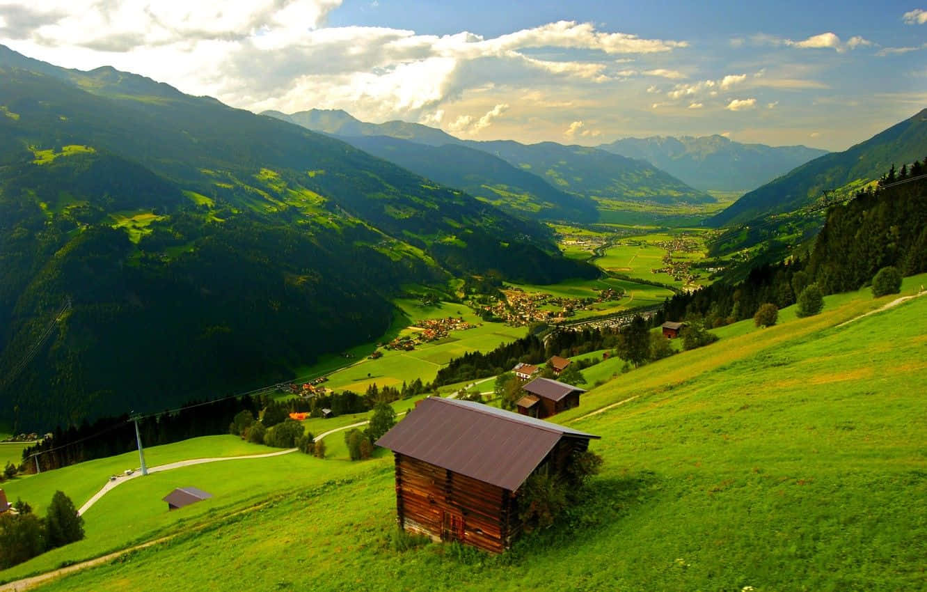 Spring Mountain, rustic wooden cabin, sunlit green hill, HD Desktop Wallpaper