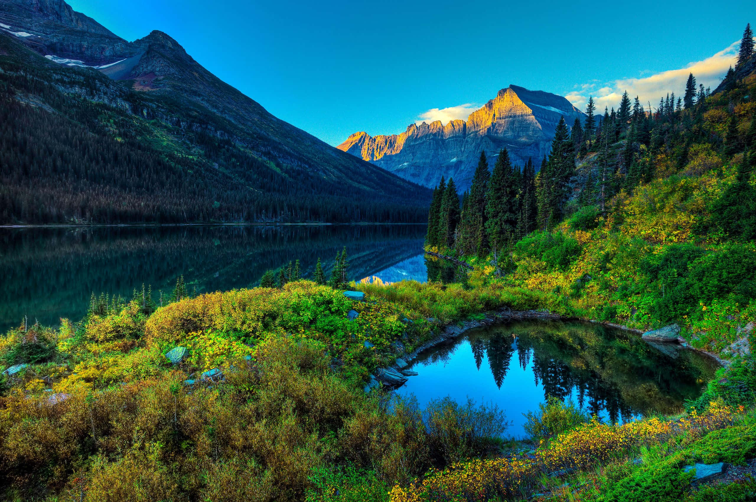 Spring Mountain, alpine lake, towering mountains, 2K Desktop Wallpaper