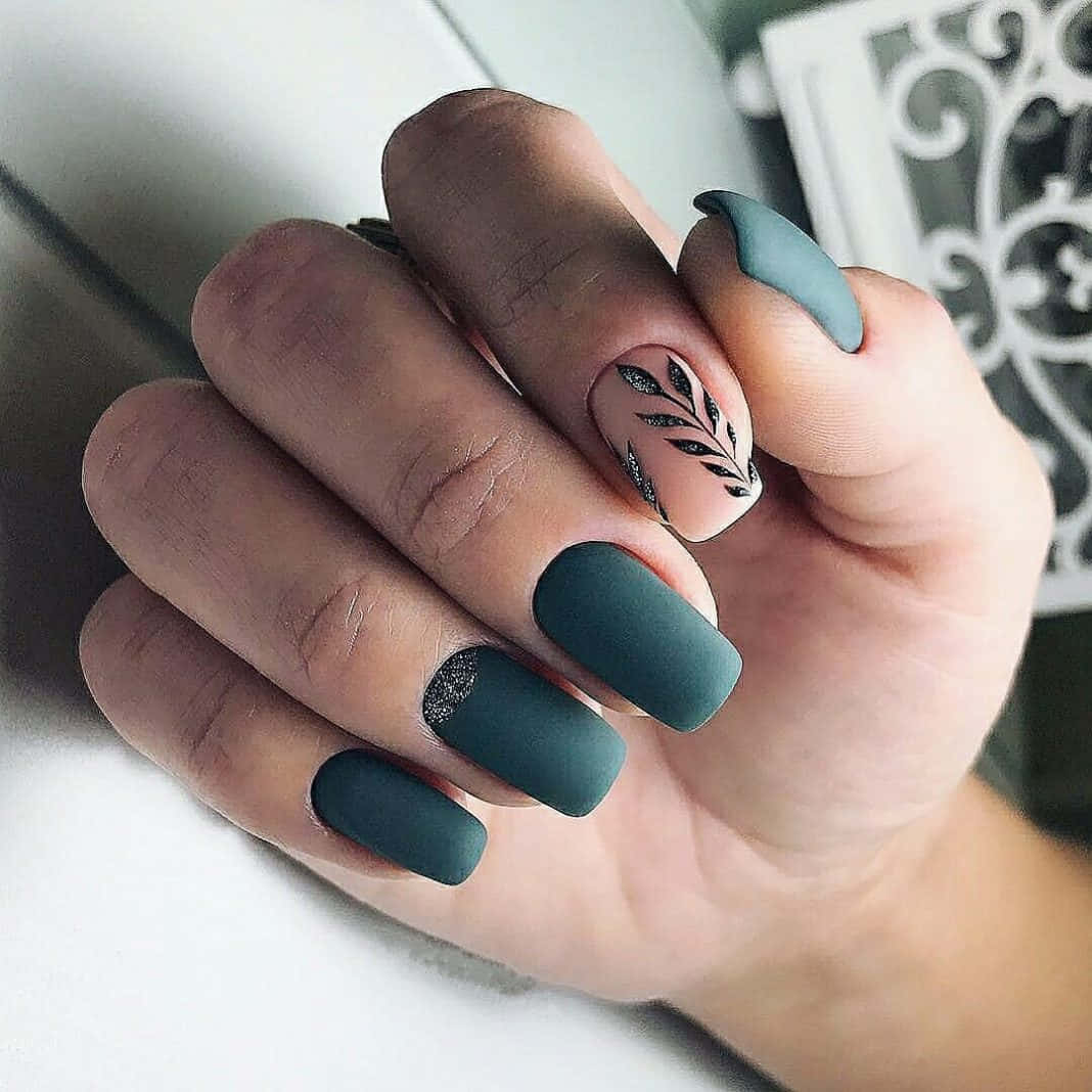 matte teal nails, delicate black leaf designs, glitter accents, SD Desktop Wallpaper