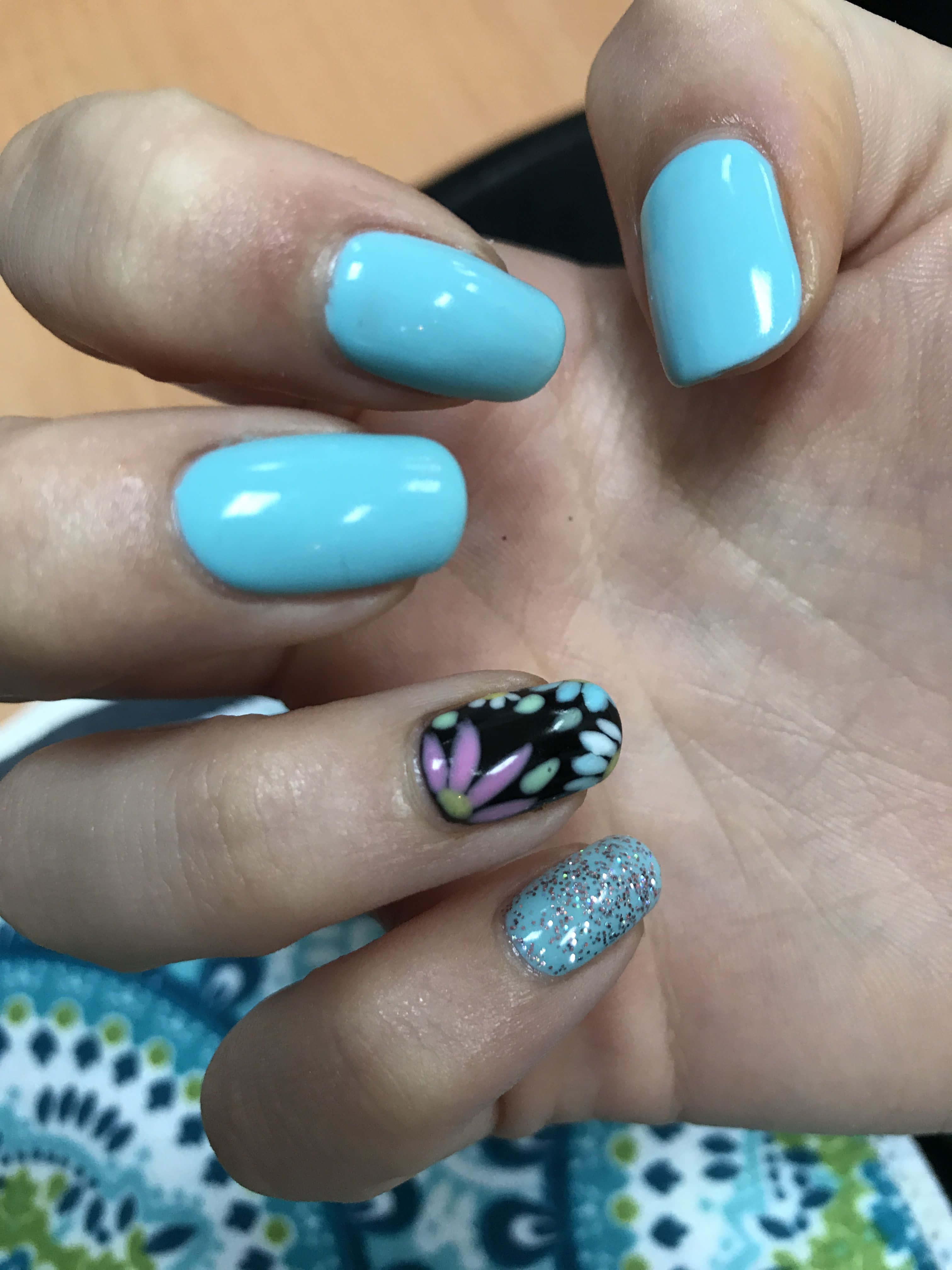 Spring Nails, light blue nails, floral design, 4K Phone Wallpaper