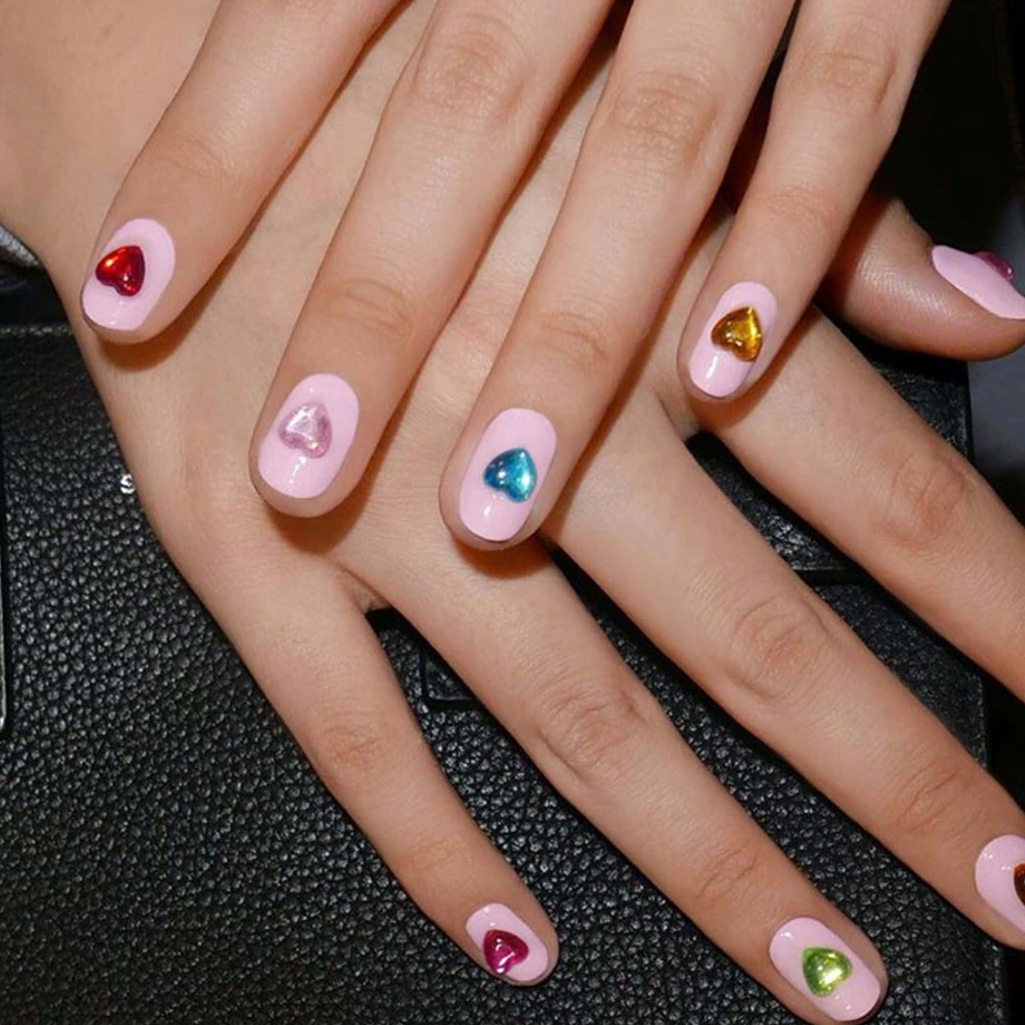 Spring Nails, pink nails, colorful heart-shaped gemstones, Full HD Desktop Wallpaper