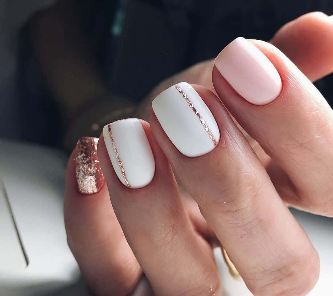 white matte polish, rose gold glitter stripes, glittery nail, SD Desktop Wallpaper
