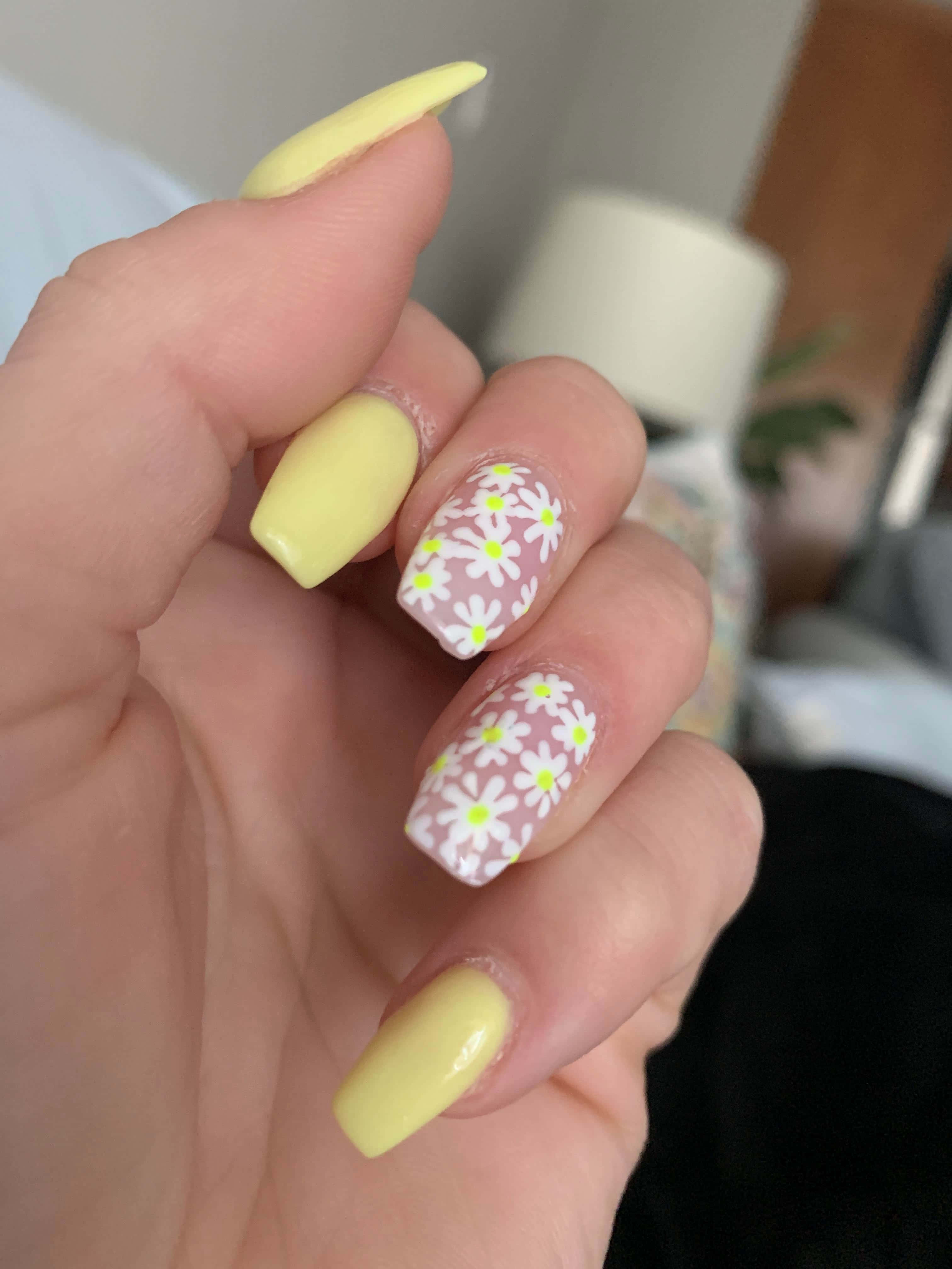 pale yellow nails, white daisies, pink base, 4K Phone Wallpaper