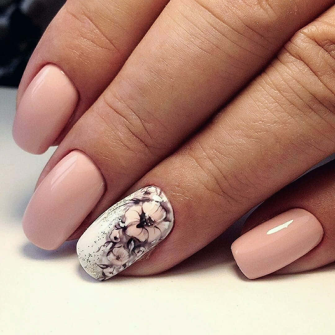 soft pink nails, delicate black and white floral art, glitter accents, SD Desktop Wallpaper