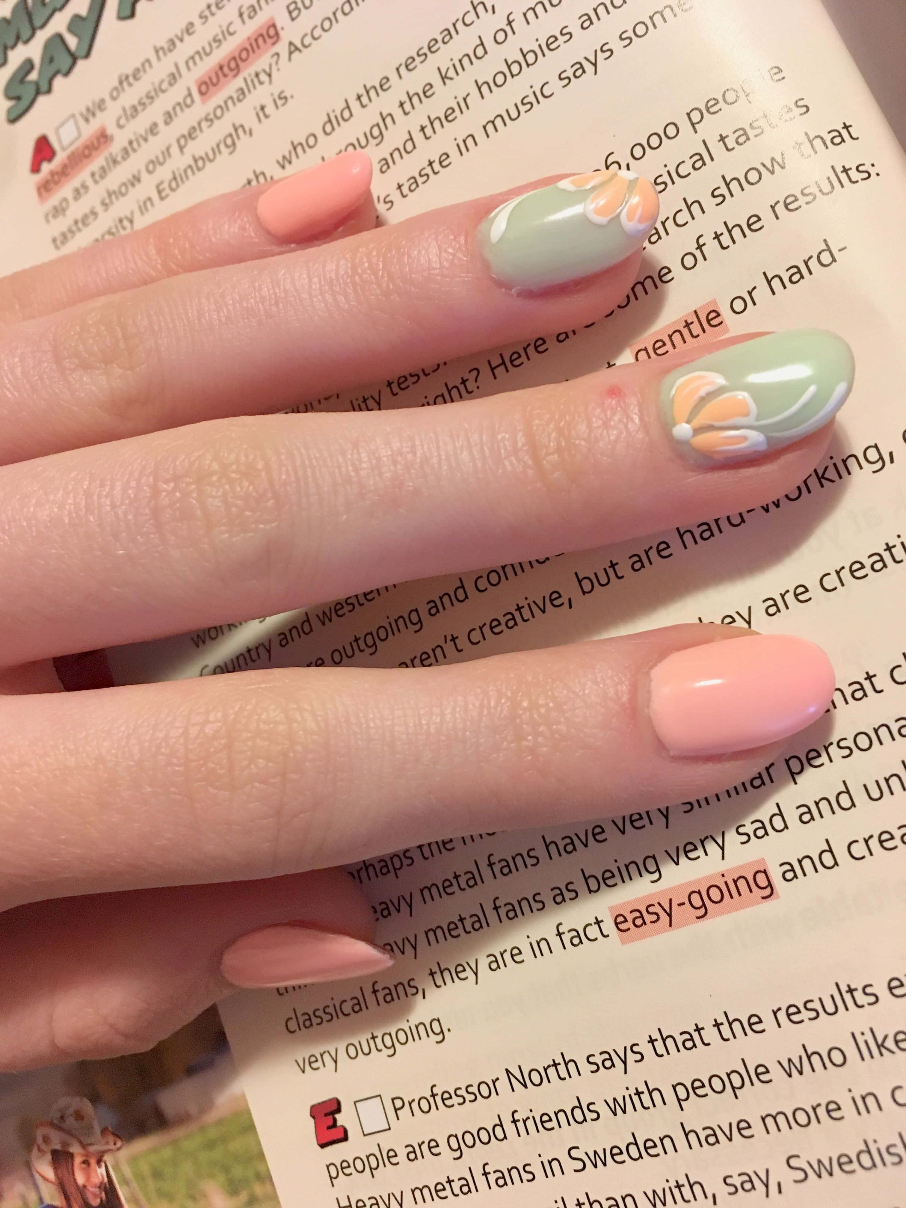 pastel pink, mint green, floral nail art, 4K Phone Wallpaper