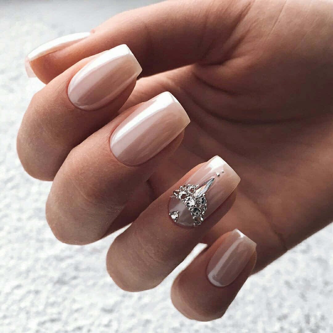 nude glossy nails, sparkling rhinestones, textured gray background, SD Desktop Wallpaper