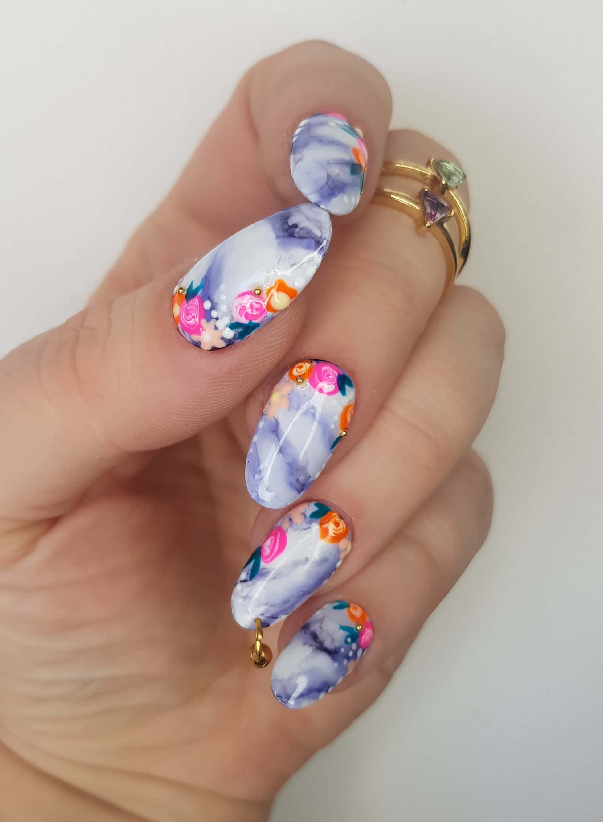 Spring Nails, floral designs, purple marble, 2K Phone Wallpaper