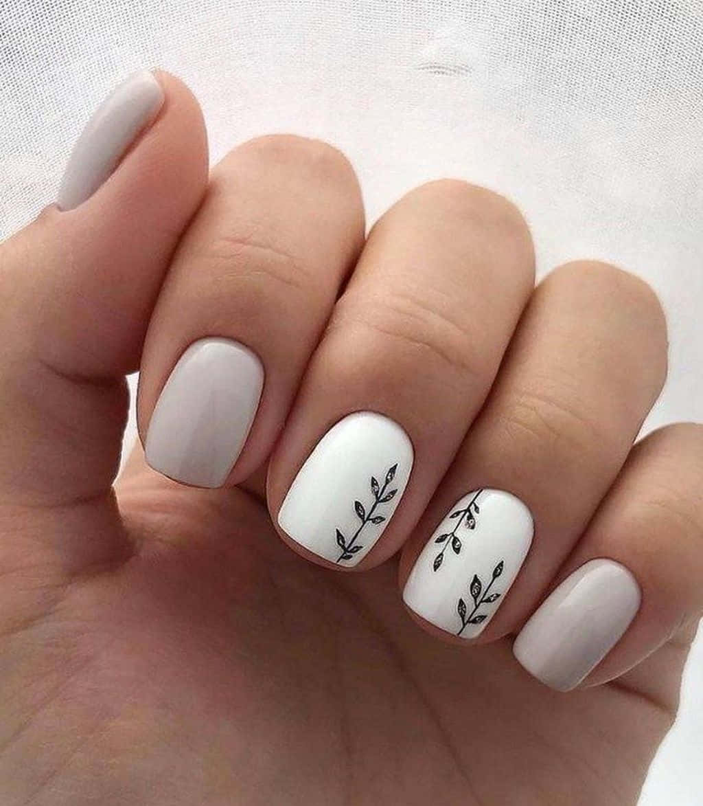 Spring Nails, white nails, black leaf branch designs, SD Phone Wallpaper