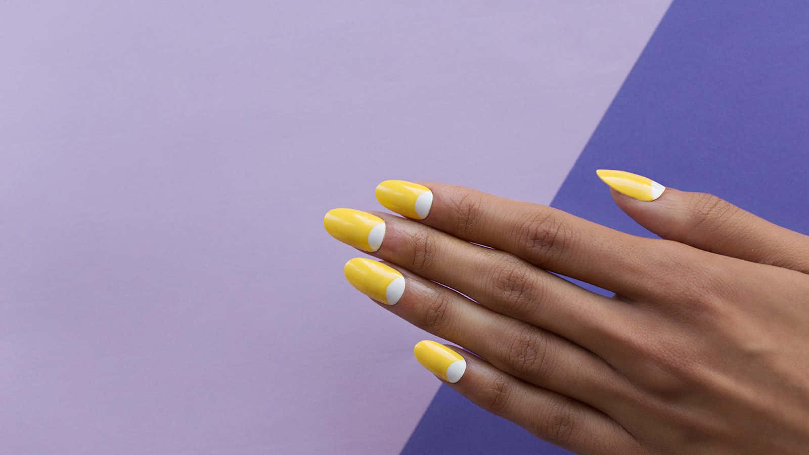 yellow and white French manicure, soft lavender and purple geometric background, woman's hand, HD Desktop Wallpaper