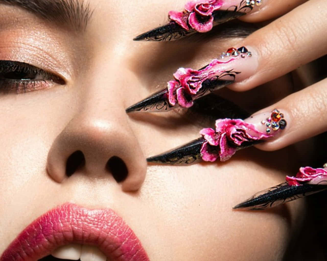 pink floral nails, dramatic makeup, close-up of a woman's face, HD Desktop Wallpaper
