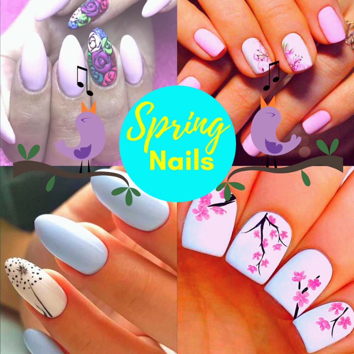 Spring Nails, floral patterns, birds, SD Desktop Wallpaper